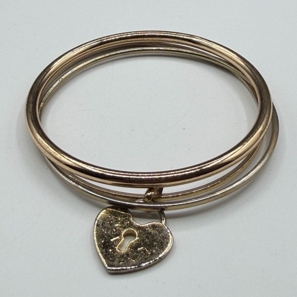 Gold Tone Mixed Metal Triple Bangle Bracelet Heart Lock Charm Stackable Gift